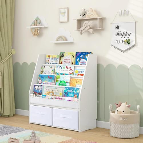 MALLBEST Hängendes Bücherregal für Kinder mit 2 Aufbewahrungsboxen & Spielzeug-Organizer | Natur Massivholz Baby-Bücherregal (WH)