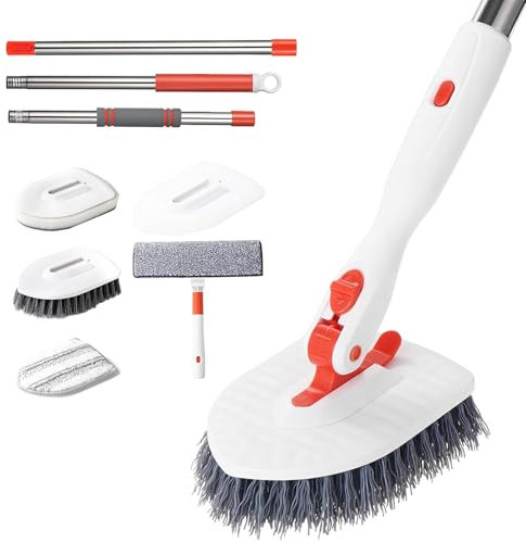 4 en 1 Brosses Récurer avec Manche Long, Brosse Nettoyage Douche Améliorée, Serpillières Plancher Fonctions Différentes, Outils Nettoyage pour Salle Bain, Baignoire, Carrelage, Plinthe, Mur, Sol
