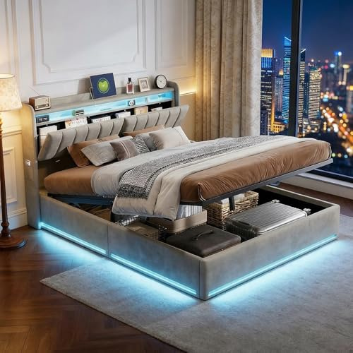 Wnvivi Bett Mit Stauraum 160 x 200 cm, Doppelbett Mit LED, Funktion Kopfteil, Hydraulisch Gepolstertes Bett Gestell, Boxspringbett Mit Lattenrost (Hellgrau J, 160 x 200 cm)