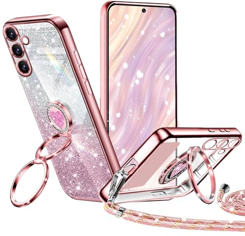 Tawarror Glitzer Handyhülle für Samsung Galaxy S25 FE Hülle mit Band, Galvanisierte Silikon TPU Schutzhülle mit Herzen Doppelring Ständer, Kordel zum Umhängen Stossfest Case, Roségold