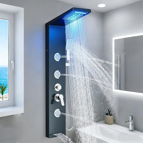 Rozin Duschpaneel mit Armatur Schwarz Duschpaneel LED Wandmontage 5 Funktionen Duschsystem Edelstahl mit Niederschlag Wasserfall Duschkopf Handsprüher Massage Jet Tub Filler Auslauf