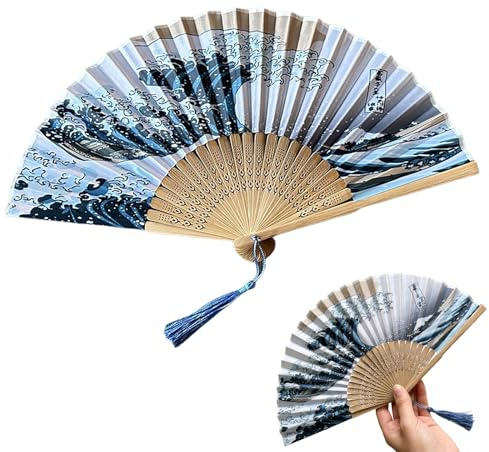 Japanese Fan Wave off Kanagawa Hand Fan Folding Silk Fabric Folding Fan with Tassel Women's Bamboo Fans for Wall Decoration Dancing Cosplay