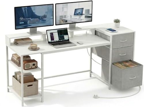 YITAHOME 145cm Computer Desk with Drawers Power Outlet USB Storage White | Home office corner desk, file drawer, storage shelves, 2 sockets, 2 USB ports, study table, metal, scratch-resistant board