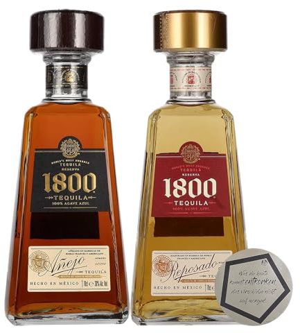 2 Flaschen 1800 Tequila Añejo & Reposado Set | Premium-Spirits & Fassgereiftes Agaven-Duo | Gereifter Tequila | Jalisco, Mexiko | 38% | je 0,7 l | Agaven-Set | inkl. LOVEVINO Silver Button Sticker