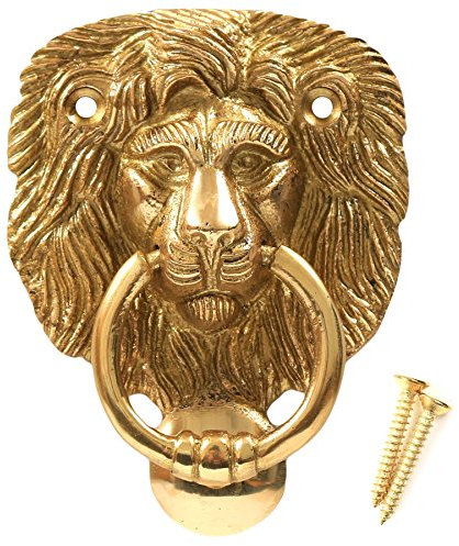 Polished Solid Brass Lion Head Door Knocker + Screws - Traditional Classic Victorian Style