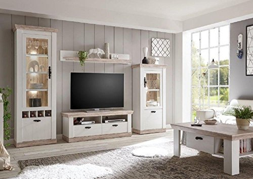 Wohnkombination Kiruna I Schrankwand + Tisch, 5tlg, Pinie weiß, Oslo Pinie, Wohnzimmer, Wohnzimmermöbel, Möbel, Wohnen Ausführung mit Beleuchtung