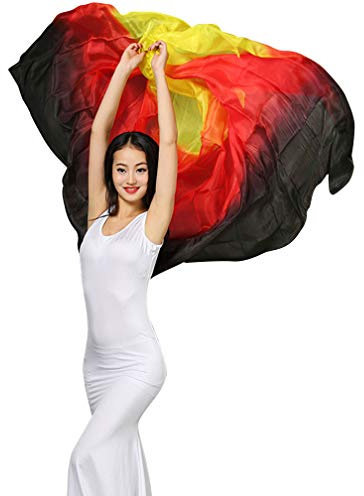 KIKIGOAL Bauchtanz-Schal für Damen, 100 % Seide, verschiedene Farben, 1,14 x 2,5 m, Schwarz Rot Gelb, 250*114cm/98x45
