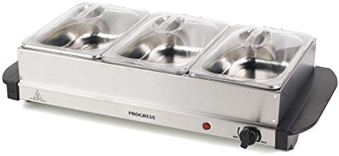 Progress EK3664P Electric Buffet Server - 3 Pan Hot Plate, 3 x 1.5L Removable Sections And Lids, Food Warmer Tray, 200W Portable Chafing Dish, Adjustable Temperature, Bain Marie, Catering Serving Tray