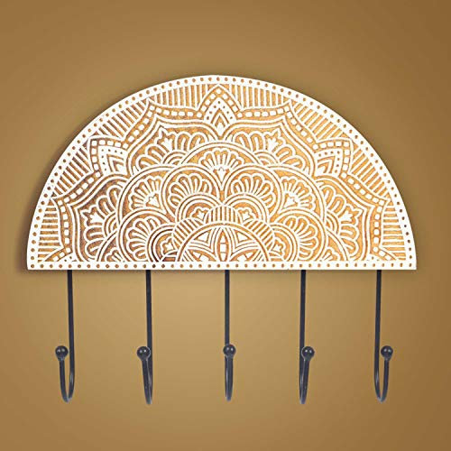 Mandala Life ART Dekorativer Schlüssel-Wandaufhänger, 5 mittelgroße Haken, Boho-Chic, natürliches rohes Mangoholz, handgebogener Holzstempel mit Metallhaken, Schmuckaufhänger