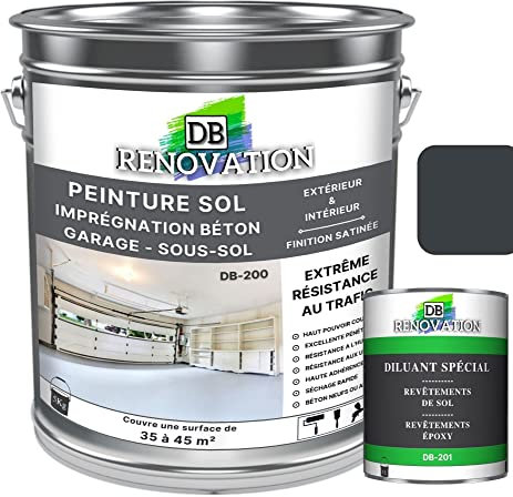 DB Rénovation Peinture Sol Beton Industriel - Garage, sous-sol - Extrême trafic extérieur, intérieur - Haute résistance - Gris anthracite - Kit 5KG + 1L Diluant
