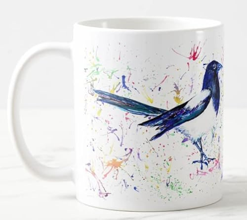 Vixar Magpie Bird Watercolour Art Coloured Mug Cup Gift Birthday Work Office Christmas Tea Coffee (White)