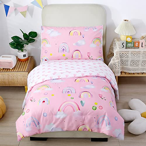 STYHO Rainbow Print Duvet Cover Sets Hearts Pattern Girls Bedding Set Ultra Soft Lovely Reversible Pink Quilt Cover Set for Kids Children(Pink, Double)