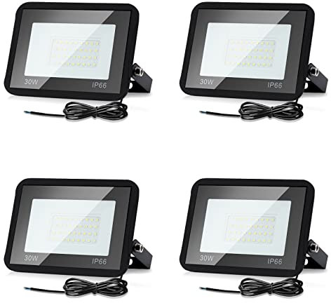Izrielar 30W Projecteur d'extérieur LED, 4pcs 3000K Blanc Chaud 2550LM Super Lumineux, IP66 Étanche Lumière Solaire pour Cour Hôtel Terrain de Sport Garage Jardin Décoration Fête d'Anniversaire