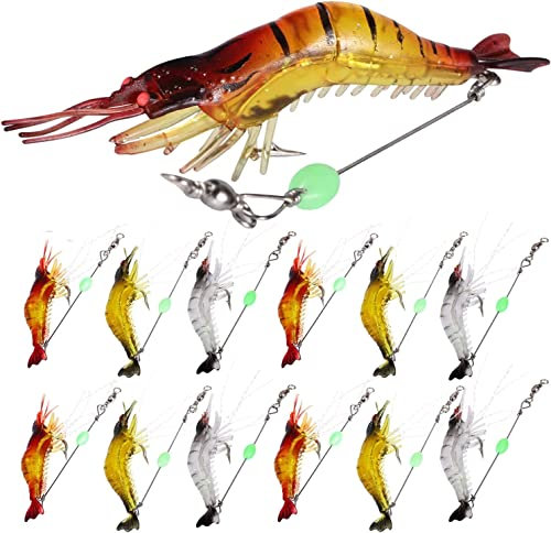 Sougayilang Salzwasser-Angelköder Garnelenköder-Set, 12-teiliges weiches leuchtendes Garnelenköder Garnelenköder Angelköder mit scharfen Haken für Süßwasser und Salzwasser