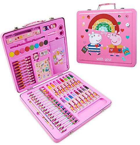 Peppa Pig Maletín Pinturas para Niñas, Set Dibujo Niña con Rotuladores, Lápices de Colores y Pegatinas, Estuche Colores Completo 60 Pzs para Colorear Actividades Niñas 3 Años (Rosa)