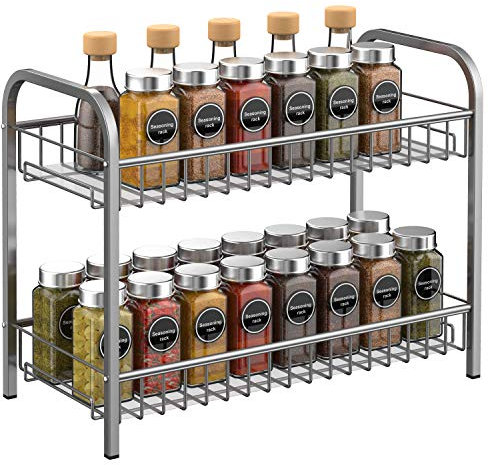 Mutool 2 Tiers Spice Racks Free Standing Kitchen Cabinet Shelf Standing Organizer Counter herb rack space saving storage, Grocery racks, fruit racks, bread racks (Silver)