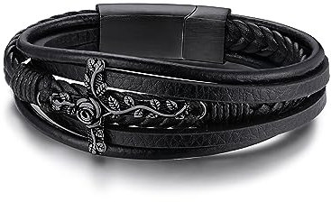 GoldChic Multi-Layer Bracelets Rope, Black Plated Vintage Cross Leather Cord Bracelet Magnetic Clasp, Hip Hop Bracelets for Rock Man
