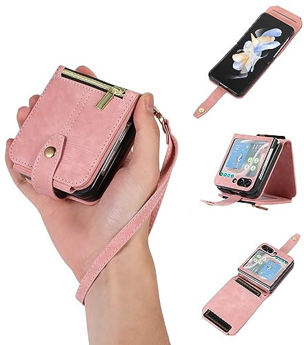 UEEBAI Handykette Hülle für Samsung Galaxy Z Flip 5 5G, 3 Kartenfäche Retro Leder Geldbörs Flip Case mit Umhängegurt Handschlaufe Standfunktion Wallet Reißverschluss Handyhülle – Rosa