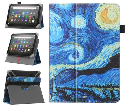 HoYiXi Custodia universale per 7-8 pollici Samsung Galaxy Lenovo Huawei Fire Tablet Cover protettiva regolabile in due posizioni con supporto e cinturino da polso - notte stellata