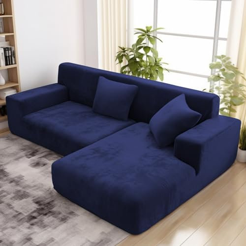 wiipara Dicker Samt Sofabezug L Form, Stretch Couch Überzug Universal Sofa Cover, Super Weich Plüsch Sofa Überzug Luxus Couchbezug（L-Form Ecksofa erfordert Zwei）- Sofabezug 4 Sitzer, Blau
