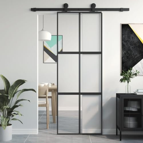Hovothy Puerta Interior Vidrio Templado y Aluminio Negro,Mate y Transparente 76x205 cm Diseño Delgado Puerta Corredera Casa Estructura de Metal Robusto Puerta de Granero Seguro Fácil Limpieza
