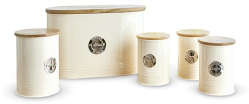 Tower T826213CHA 5 Piece Storage Set with Bread Bin, Biscuit Tin, 3 Storage Canisters, Stainless Steel with Airtight Mango Wood Lids, Chantilly Cream