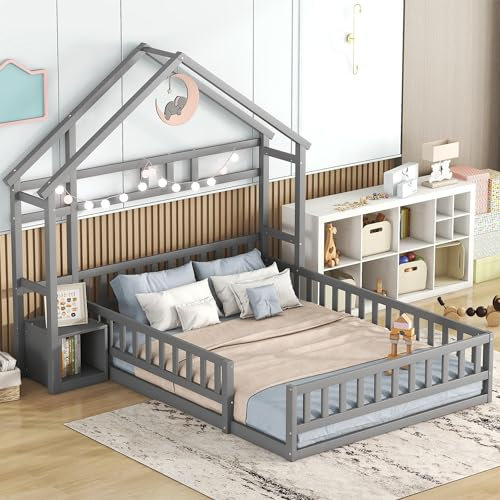 Kinderbett Hausbett 140x200 cm Rausfallschutz Bett mit Nachttischen, Bodenbett Bettgestell Flachbetten Holzbett Mit Rausfallschutz und Lattenrost für Kinder Jungen & Mädchen, ohne Matratze, Grau