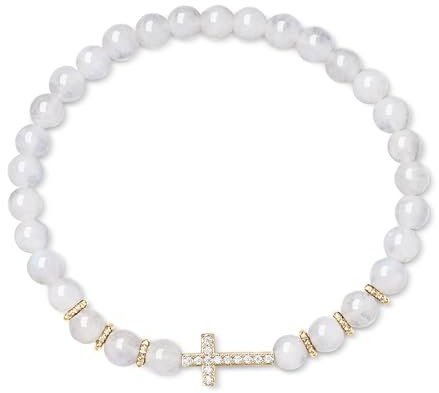 COAI Damen Armband mit Mondstein Perlen und Kreuz Anhänger M, Kreuz Armband Damen