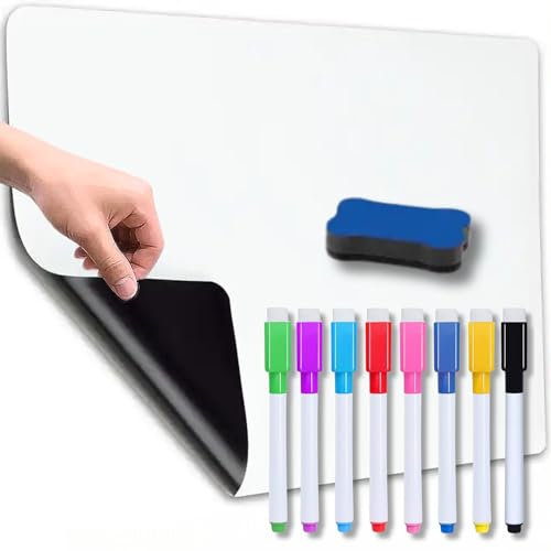 Selbstklebende weiße Tafel | 60 x 40 cm | + 8 magnetische Marker und Radierer | weiße magnetische Tafel für die Wand | löschbar | Whiteboard - Schneeschiefer. MandA®