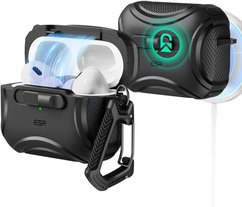 ESR für AirPods Pro 2 Hülle, kompatibel mit AirPods Pro 2./1. Generation (2023/2022/2019), USB-C/Lightning Kabel, MagSafe bereit, sicherer Verschluss, einfaches Öffnen, Cyber-Serie, Schwarz