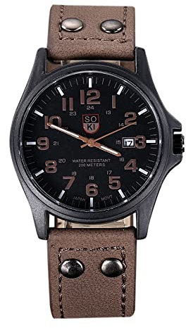 Herren Analog Quarz Uhr mit Echtes Lederarmband Vintage Herren wasserdicht Datum Lederband Sport Quarz Armee Uhr Sportband Ansehen Billig (Brown, One Size)