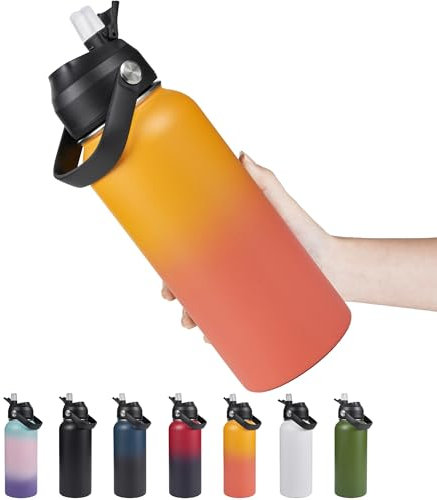 Fijinhom 32oz Insulated Stainless Steel Water Bottle, Wide Mouth Double Wall Vacuum, Silicone Straw, Sweat & Leak Proof, BPA Free Insulated Water Flask for Travel, Keep Cold 24h Hot 12h, Orange