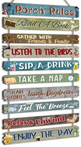 RattanView Panneau décoratif en bois « Welcome to Our Patio » - Règles amusantes pour l'extérieur - Pour art, porche, jardin, maison, cadeau d'anniversaire (porche)
