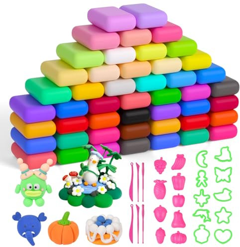 AUAUY Arcilla Polimerica Secado al Aire, 48 Colores Arcilla PoliméRica con 6 Herramientas para Esculpir y 19 Moldes, Foamy Moldeable Air Dry Clay, Plastilina Regalo para NiñOs y NiñAs de 3 a 12 AñOs