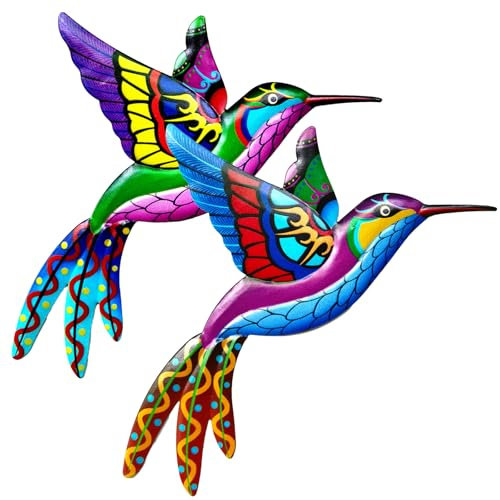 2 PCS Decoración de Pared de Metal colibrí, Impresionantes esculturas de Hierro Forjado colibrí - Coloridos Adornos de Aves para el hogar, jardín, Patio, Porche o Valla