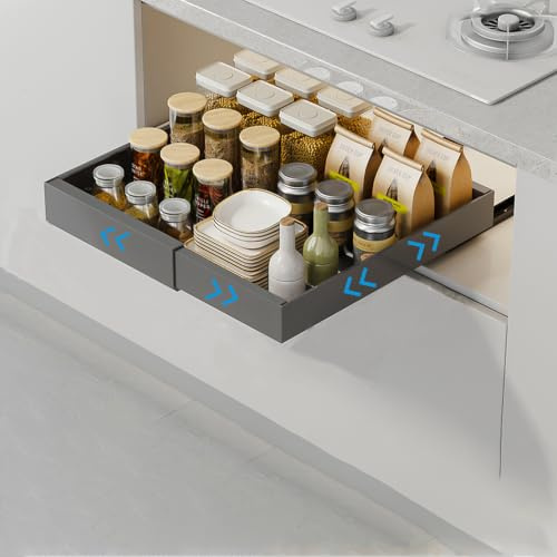 JOUING Teleskopschublade Küche Ausziehbare Schublade für Schrank Ohne Bohren Einstellbare Breite 32-52cm Metall Pull Out Cabinet Organizer mit Klebeband Slide Out Drawer (Grau, 1pack)