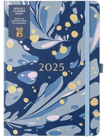 Busy B 2025 Weekly Diary Planner with Navy Marble Cover - A5 Daily Life Organiser, Jan-Dec - Pockets, Stickers & Notes Pages - Compact Design for Work, Home & School Planning