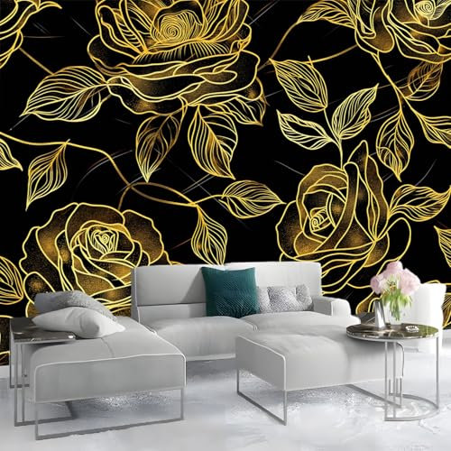 Fototapete 350x256cm Rose Goldene Strichzeichnungen Schwarz 3D Effekt Hochwertige XXL Moderne Wanddeko Tapete, Schwarz Vlies Tapete Wandbild für Wohnzimmer Schlafzimmer Büro