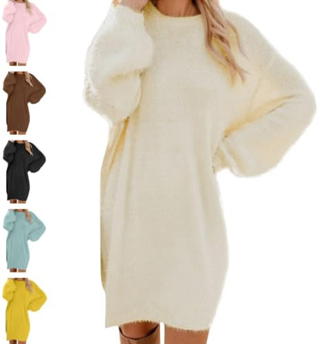 Pullover Damen Oversize Longpullover - Herbst Winter Pulloverkleid Lang Lose Strickkleid Damen Lässig Modische Wollkleid Knielang Dresses Langarm Warme Pullis Rundhals Elegante Winterkleid