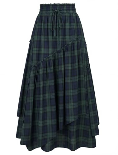Scarlet Darkness Women Plaid Skirt High Waist A Line Tiered Long Skirt with Pockets, Blue Green Plaid, M