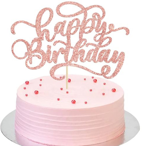 Ephlyn 1Pc Happy Birthday Cake Topper Glitter Birthday Sign Cake Pick Decoration for Happy Birthday Theme Boys Girls Baby Shower Birthday Party Cake Decorations Rose Gold