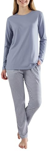 Götzburg Damen Schlafanzug Langarm - 100% Baumwolle, Pyjama-Set mit Karierter Pyjamahose