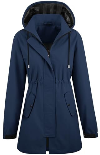 CMTOP Impermeabile Donna Antipioggia Giacca a Vento Leggero Traspirante Cappotto di Pioggia, Antivento Mantella Antipioggia Trench Raincoat con Cappuccio con Coulisse All'aperto(Blu Navy,L)