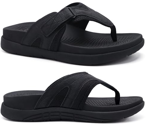 COFACE Mens Flip Flops with Arch Support 2025 Summer Leather Beach Sandals for Men Orthopedic Thick Cuhsion Adjustable Man Flip-flop Outdoor Size 10.5 Black