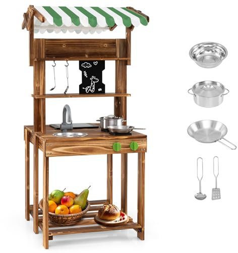HOMASIS 2 in 1 Matschküche Kinder Outdoor, Kinderküche mit BBQ-Grill Waschbecken Spüle Tafel, doppelseitige Spielküche mit Zubehör & Dach, Spielzeugküche Tannenholz, Gartenküche für Kinder ab 3 Jahren
