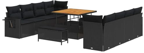vidaXL 11-teiliges Gartensofa-Set mit Kissen in Schwarz aus Poly-Rattan und Akazie – 8-Sitzer, modulares Patio-Set für entspannte Stunden auf der Terrasse.