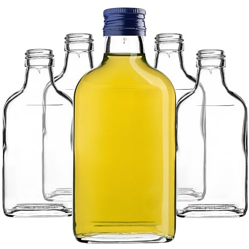 KADAX 5er Set Flachmann 200ml, kleine Glasflaschen mit Schraubverschluss, Fläschchen, leere Flaschen zum Befüllen, mini Likörflaschen, Schnapsflaschen (Blau)