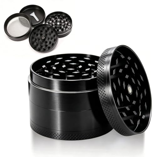 Herb Grinder, Large Spice Grinder, 4 Layers Portable Zinc Alloy Metal Grinders with Sifter, Pollen Scraper and Cleaning Brush for Dry Herb and Spices Black 63mm (2.48 inch)