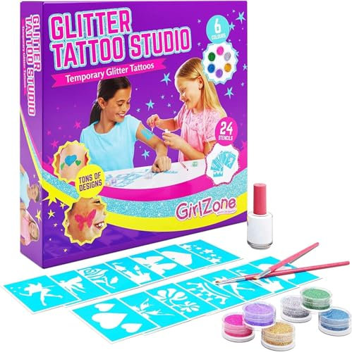 GirlZone Regalos para Niñas -Tatuajes Purpurina -Kit De Tatuajes Temporales con Brillantina para Niñas -Tatuajes Temporales -Tattoos con Purpurina 3 a 12 años