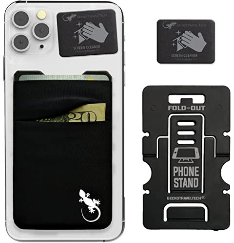 Double Pocket Gecko Phone Wallet - Adhesive Card Holder - Cell Phone Pouch - Stick on Spandex Pocket by Gecko - Carry Credit Cards and Cash (Black-White)
